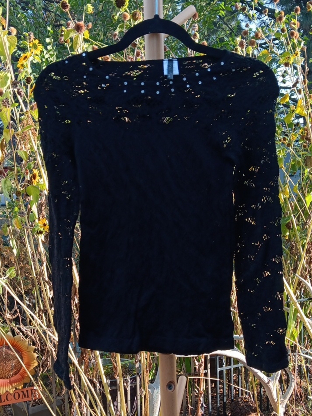 New Mix Black Long Sleeve Lace Top with Eyelet Detail